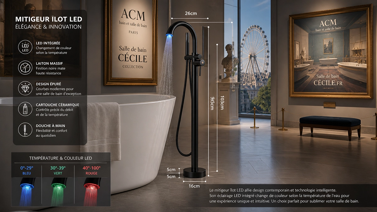 Mitigeur de baignoire sur pied LED noir Fusion